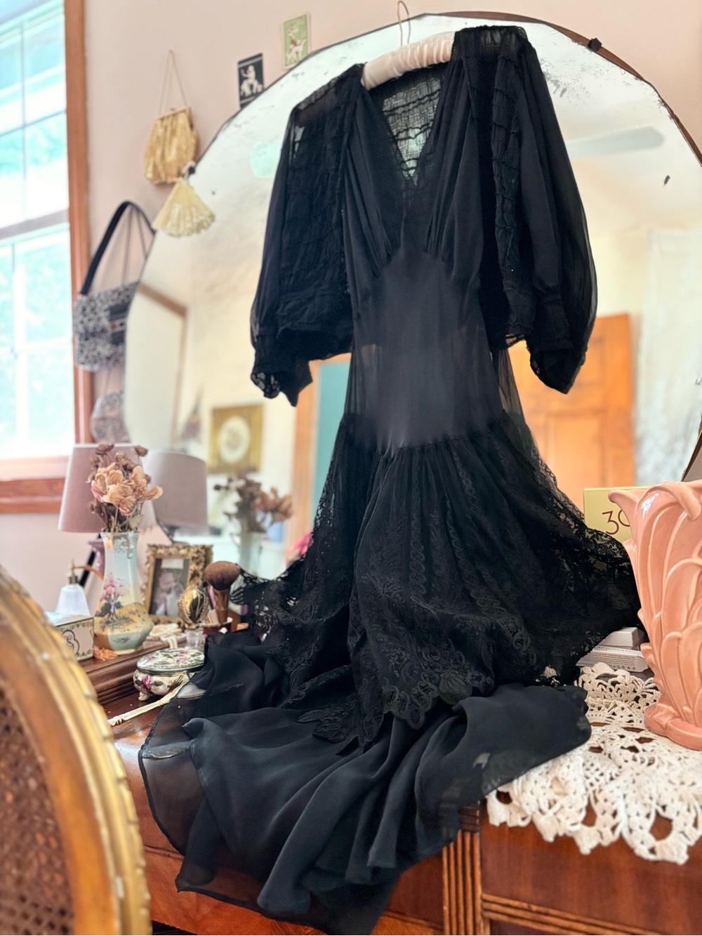 1930s Rare Vintage Black Sheer Silk Lace Dress Bolero Set